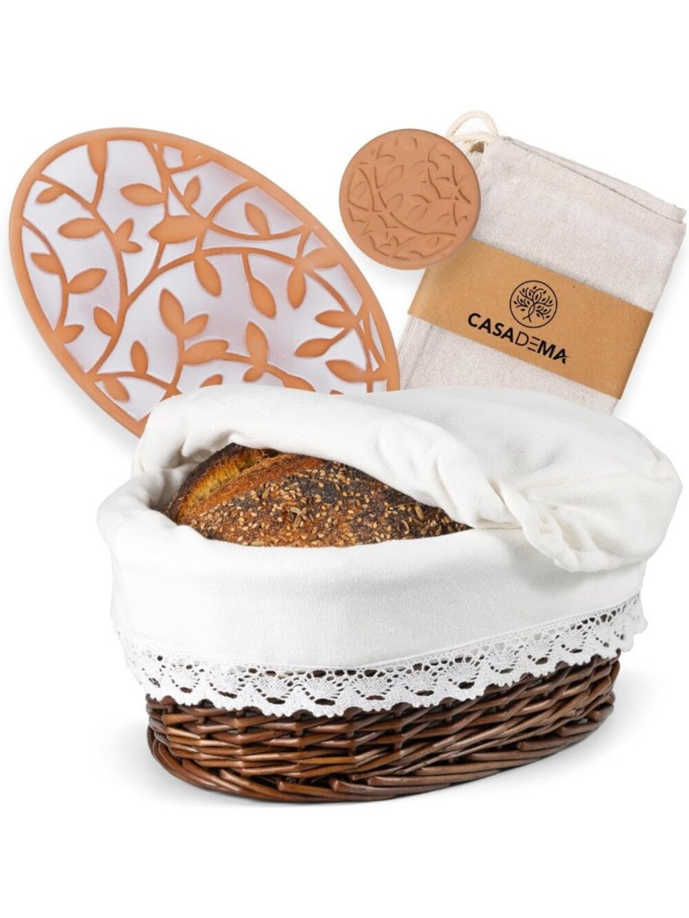 Large Oval Bread Warmer Basket with Warming Stone & Linen Bag - Perfect for
